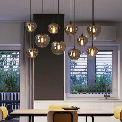 Glass Shade Hanging Fixture Adjustable Height for Kitchen Island, Dining Table & Entryway - Black Metal Frame Ceiling Lamp with Ambient Glow