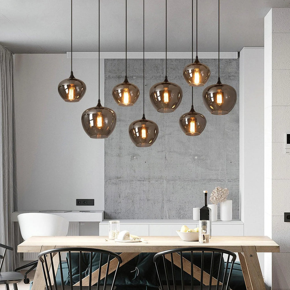 Glass Shade Hanging Fixture Adjustable Height for Kitchen Island, Dining Table & Entryway - Black Metal Frame Ceiling Lamp with Ambient Glow