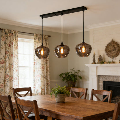 Glass Shade Hanging Fixture Adjustable Height for Kitchen Island, Dining Table & Entryway - Black Metal Frame Ceiling Lamp with Ambient Glow