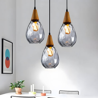 Handcrafted Glass Hanging Light Fixture with Natural Wood Trim 12 Inch Height E26 Socket for Kitchen Dining Room Bedroom Hallway Warm White