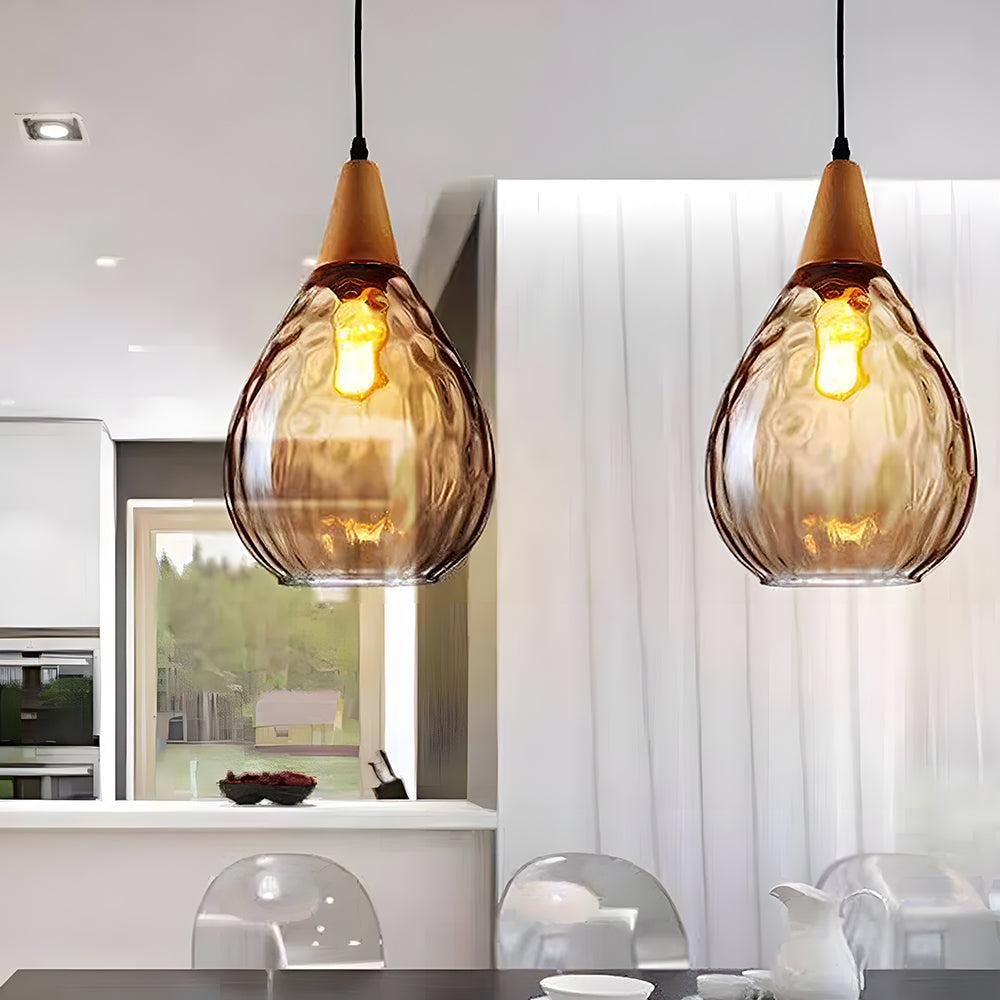 Handcrafted Glass Hanging Light Fixture with Natural Wood Trim 12 Inch Height E26 Socket for Kitchen Dining Room Bedroom Hallway Warm White