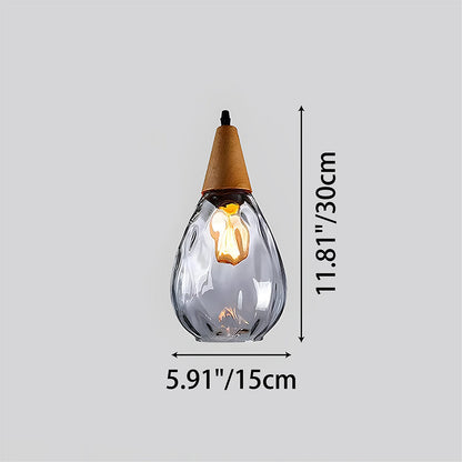 Handcrafted Glass Hanging Light Fixture with Natural Wood Trim 12 Inch Height E26 Socket for Kitchen Dining Room Bedroom Hallway Warm White