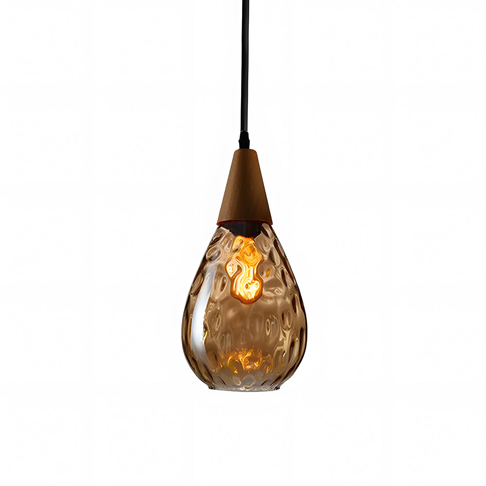 Handcrafted Glass Hanging Light Fixture with Natural Wood Trim 12 Inch Height E26 Socket for Kitchen Dining Room Bedroom Hallway Warm White
