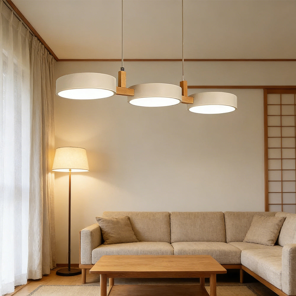 Three-Light Hanging Fixture Metal & Wood 30 in Wide for Kitchen Island Dining Table Adjustable Cord Modern Industrial Overhead Illumination