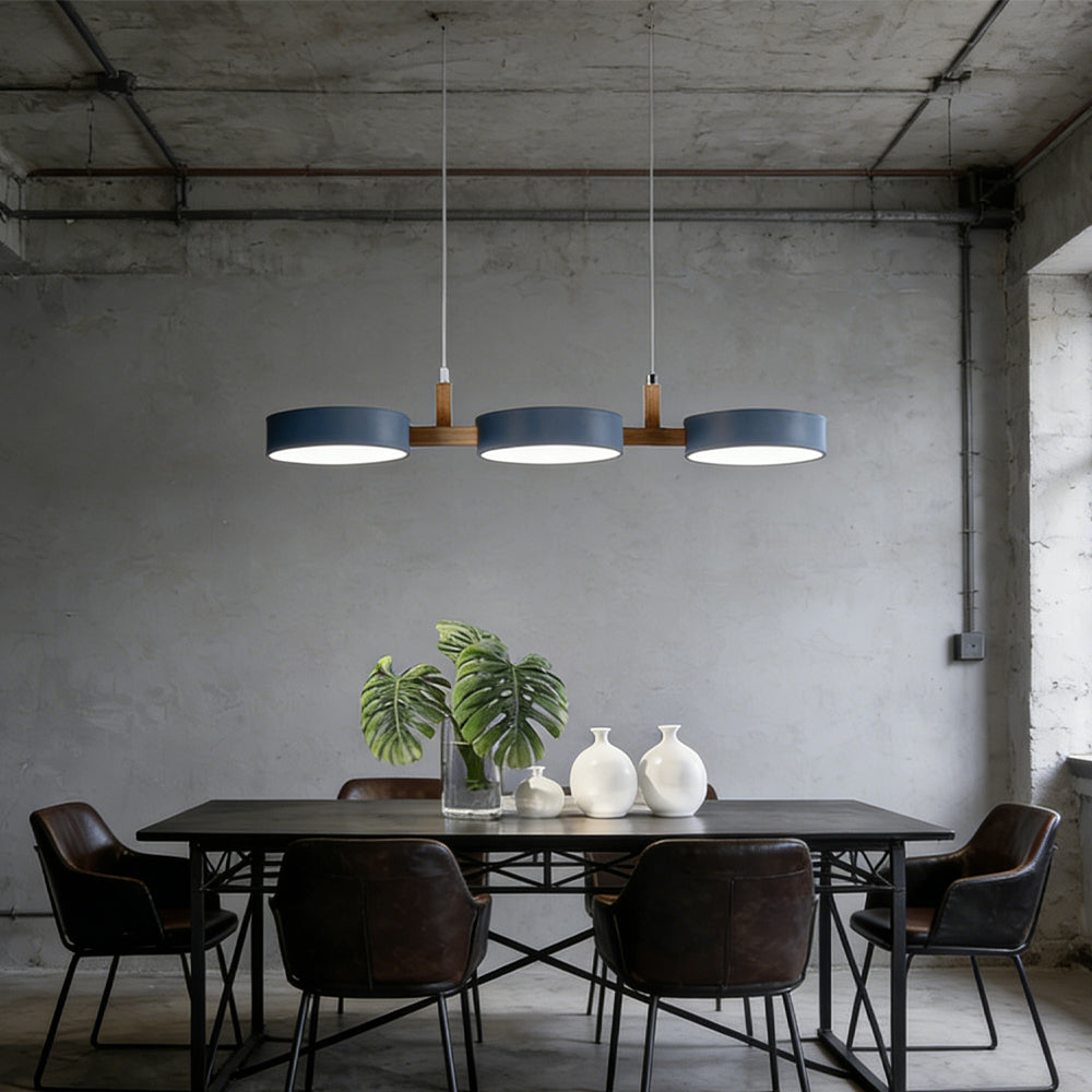 Three-Light Hanging Fixture Metal & Wood 30 in Wide for Kitchen Island Dining Table Adjustable Cord Modern Industrial Overhead Illumination