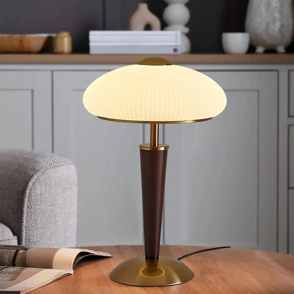 Fluted Metal & Wood Desk Lamp with Warm LED Light for Nightstand, Office & Living Room | Reading Light | Mid-Century Modern