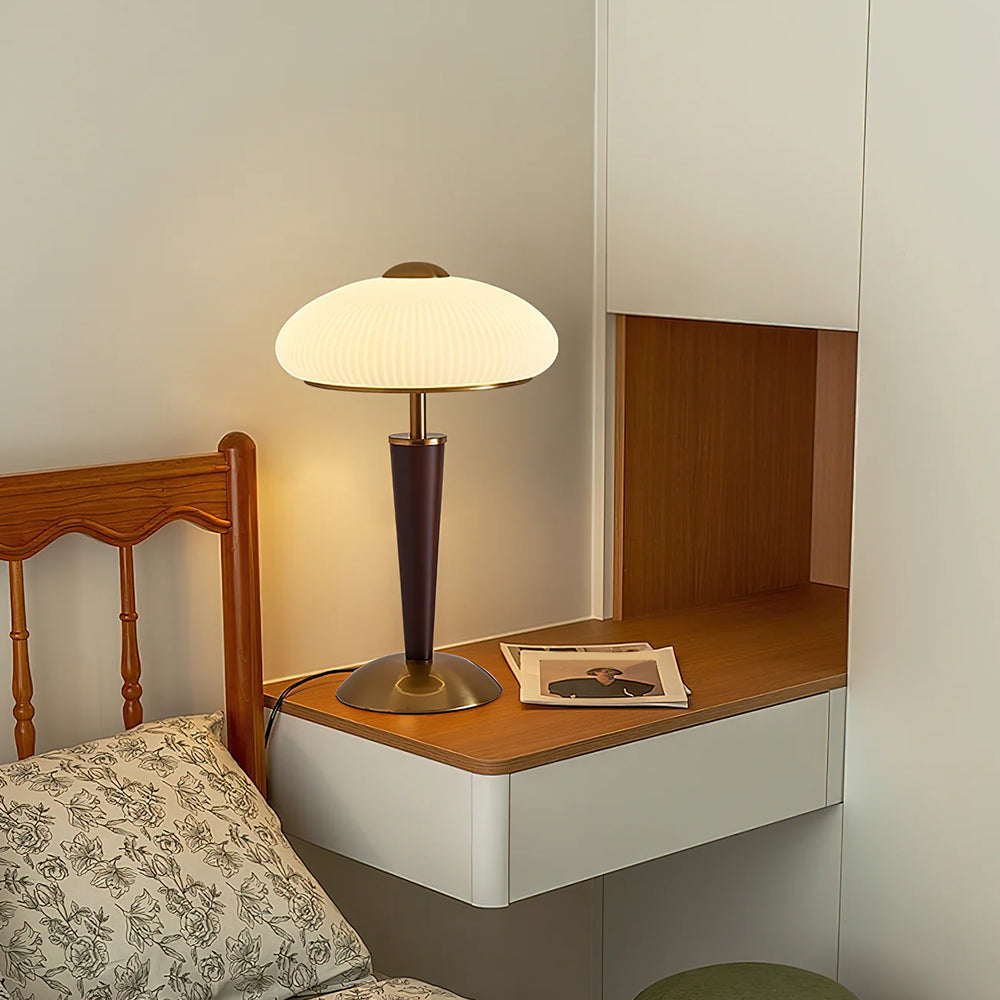 Fluted Metal & Wood Desk Lamp with Warm LED Light for Nightstand, Office & Living Room | Reading Light | Mid-Century Modern