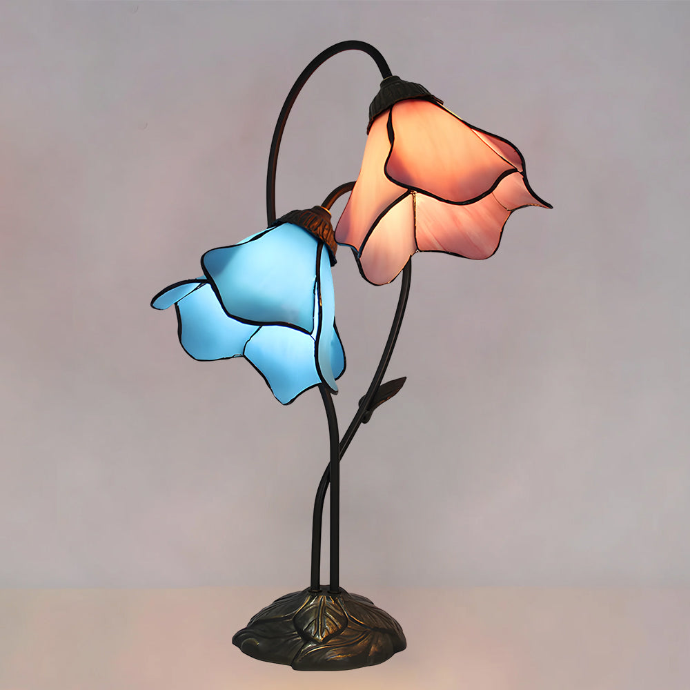 Dual-Shade Glass Flower Desk Lamp 22 in Tall with Resin Base for Bedside Reading Light Vintage Inspired Metal Accent Lighting for Home Offic
