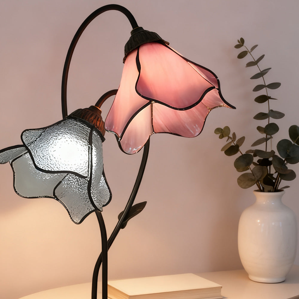 Dual-Shade Glass Flower Desk Lamp 22 in Tall with Resin Base for Bedside Reading Light Vintage Inspired Metal Accent Lighting for Home Offic