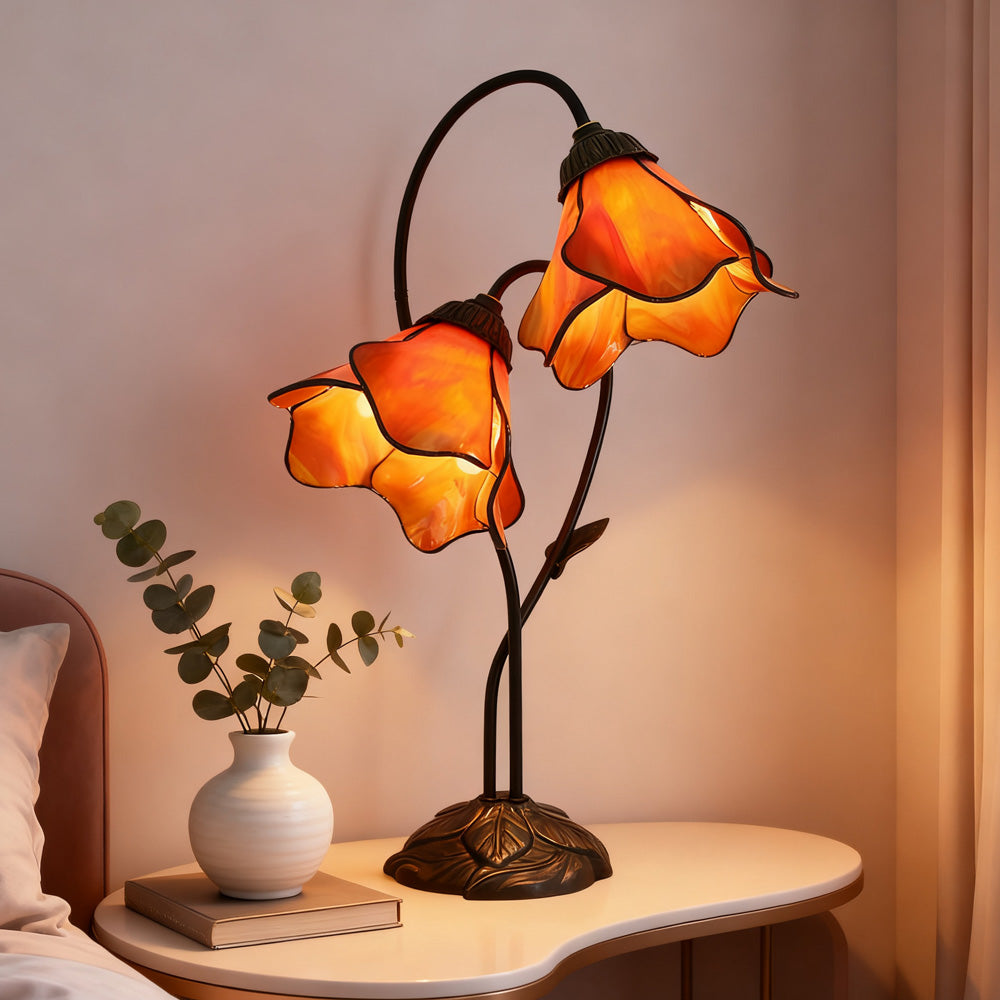 Dual-Shade Glass Flower Desk Lamp 22 in Tall with Resin Base for Bedside Reading Light Vintage Inspired Metal Accent Lighting for Home Offic