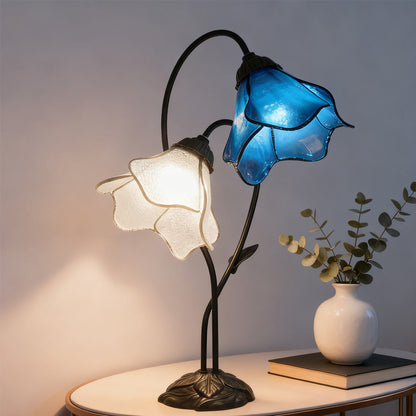 Dual-Shade Glass Flower Desk Lamp 22 in Tall with Resin Base for Bedside Reading Light Vintage Inspired Metal Accent Lighting for Home Offic