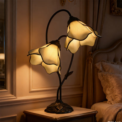 Dual-Shade Glass Flower Desk Lamp 22 in Tall with Resin Base for Bedside Reading Light Vintage Inspired Metal Accent Lighting for Home Offic