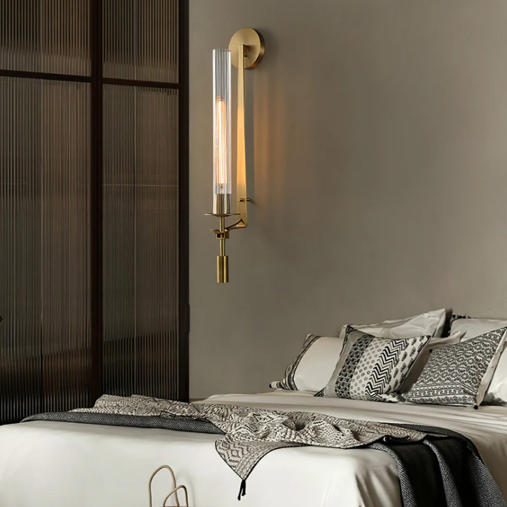 Metal Sconce with Ribbed Glass Shades for Bedroom & Dining Room | Candlelit Glow Effect 28 Inches Tall | E26 Socket Wall Mount Fixture for L
