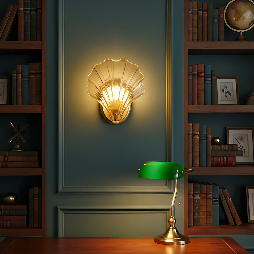 Shell Glass Sconce Gold 7.9 in Bedroom Hallway Bathroom LED Wall Light Fixture Coastal Decor Ambient Lighting Modern Luxury Metal Mount E14