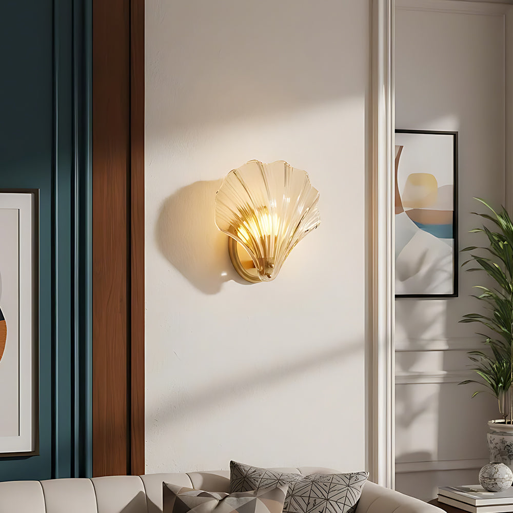 Shell Glass Sconce Gold 7.9 in Bedroom Hallway Bathroom LED Wall Light Fixture Coastal Decor Ambient Lighting Modern Luxury Metal Mount E14