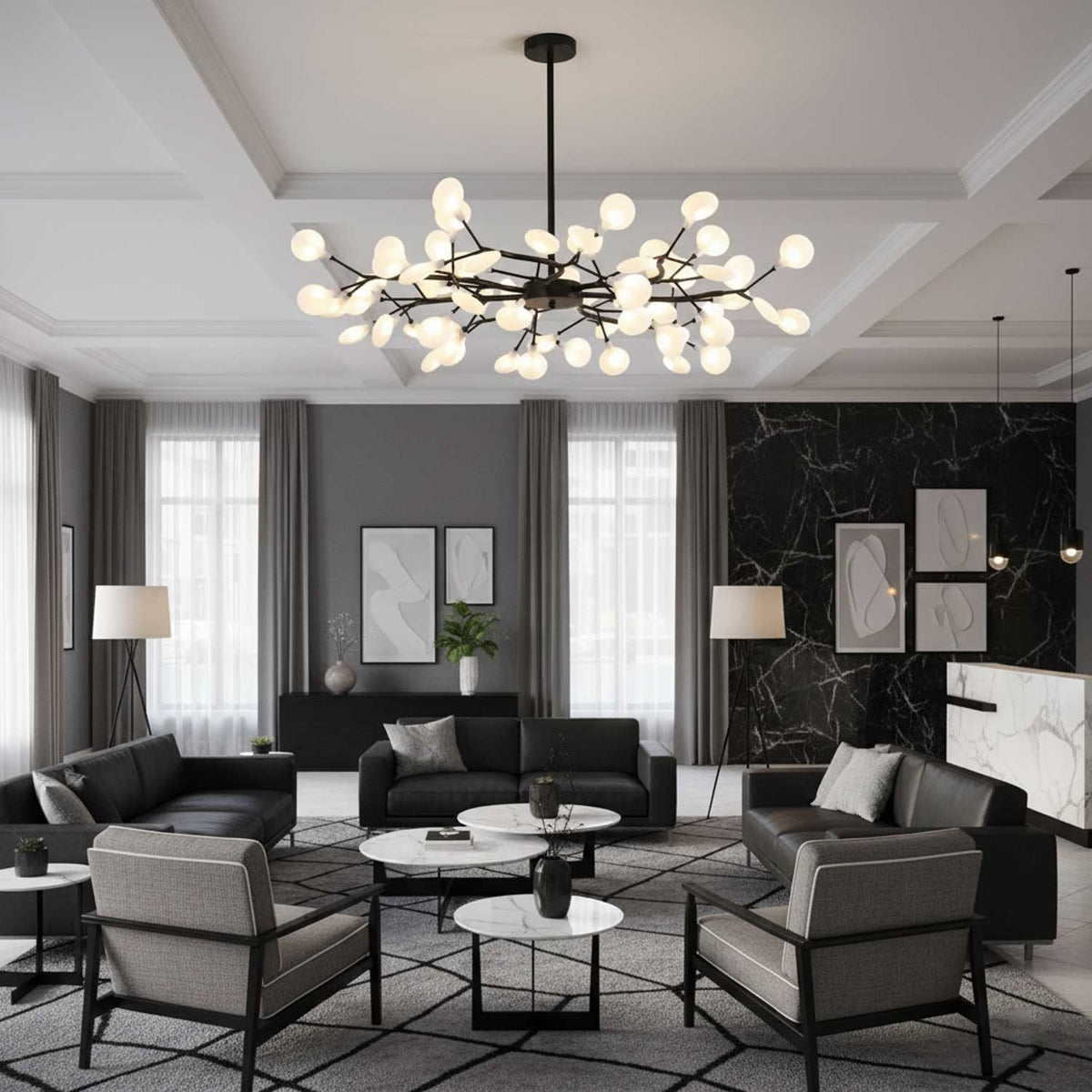 Acrylic Branch Chandelier with Adjustable LED Lights for Dining Room & Entryway - 30 to 63 Light Branches - Dimmable Gold or Black Metal Fin