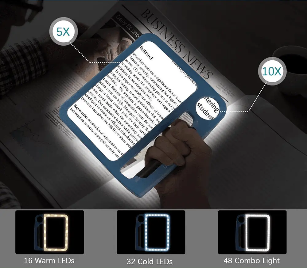 Illuminated Handheld Magnifier with 48 LED Lights – 5X & 10X Dual Lens for Small Print, Documents & Hobbies