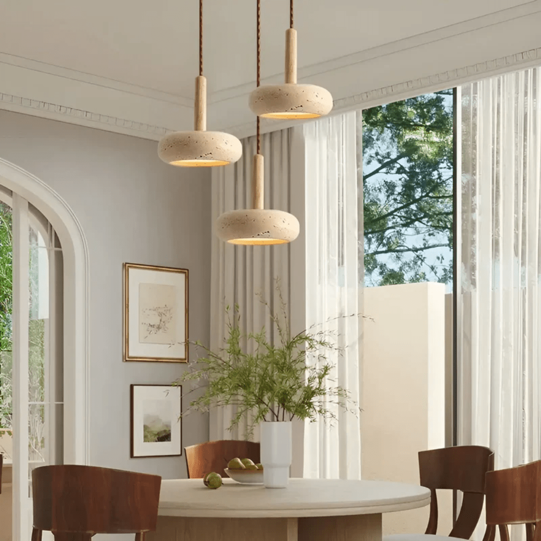 Japanese-Inspired Stone & Wood Pendant Light with Adjustable Cord – Natural Cave Stone Ceiling Fixture for Living Room, Bedroom, Dining