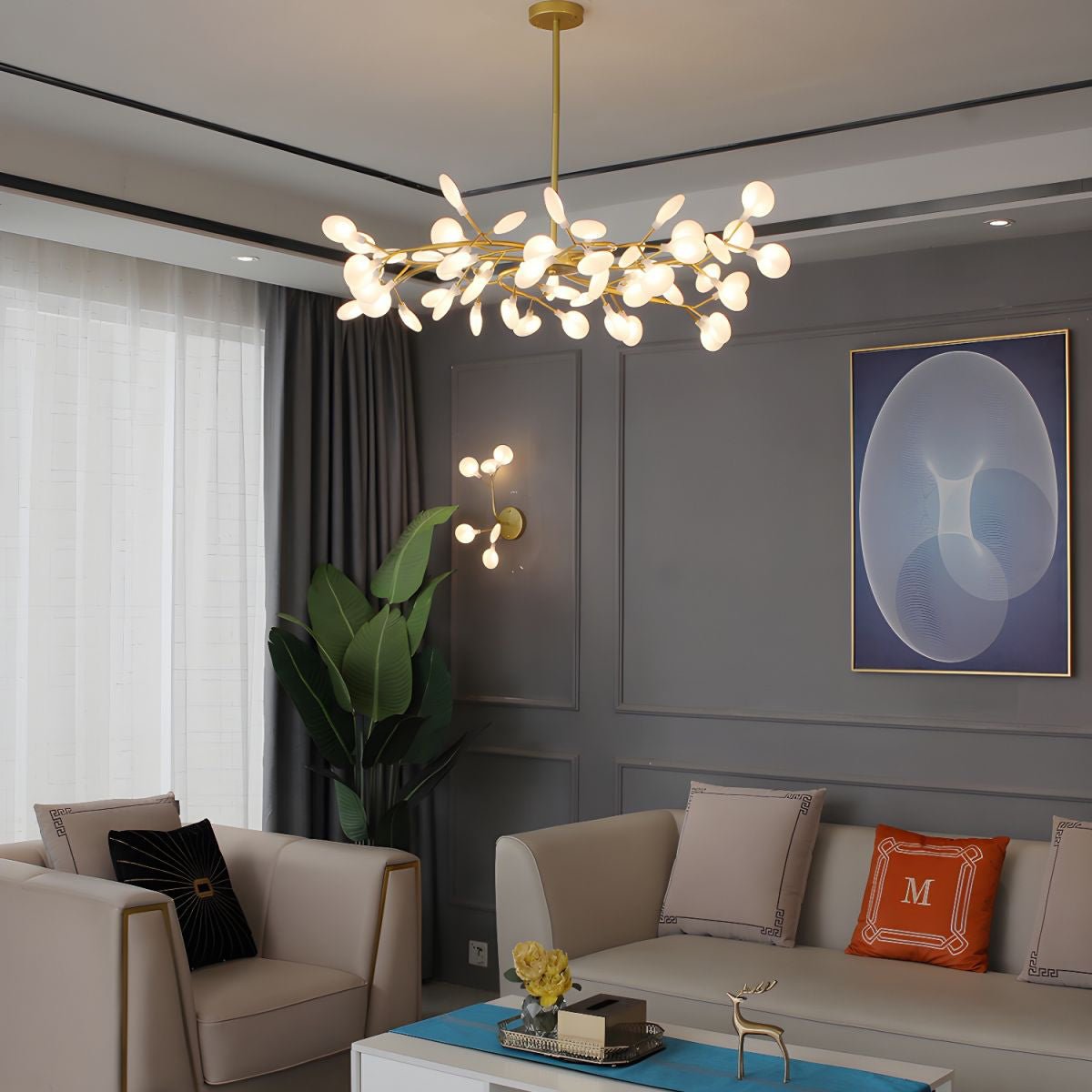 Acrylic Branch Chandelier with Adjustable LED Lights for Dining Room & Entryway - 30 to 63 Light Branches - Dimmable Gold or Black Metal Fin
