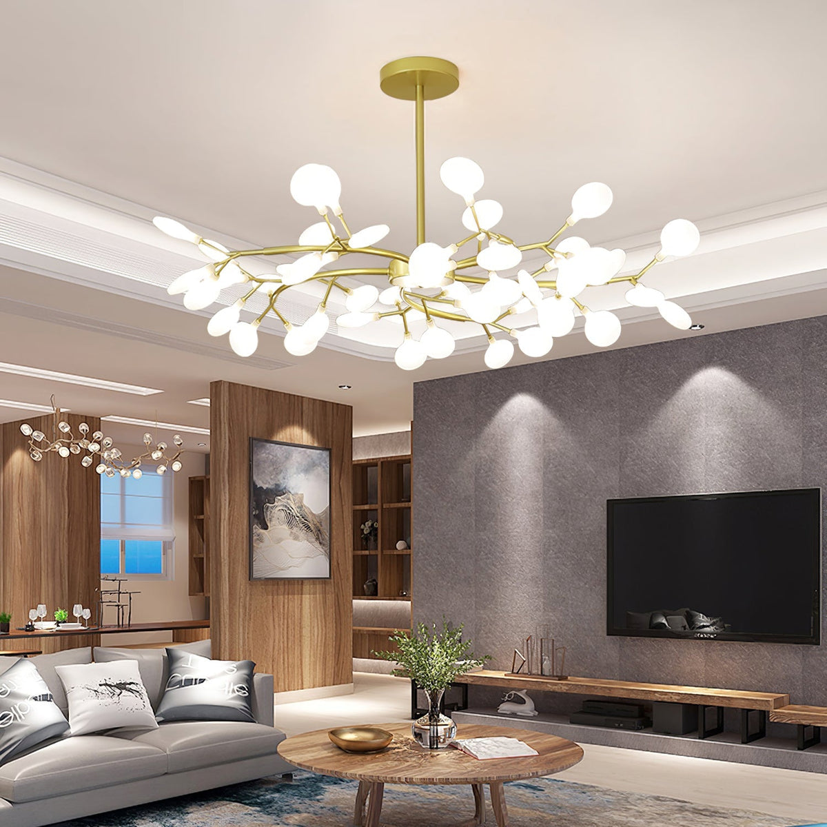 Acrylic Branch Chandelier with Adjustable LED Lights for Dining Room & Entryway - 30 to 63 Light Branches - Dimmable Gold or Black Metal Fin