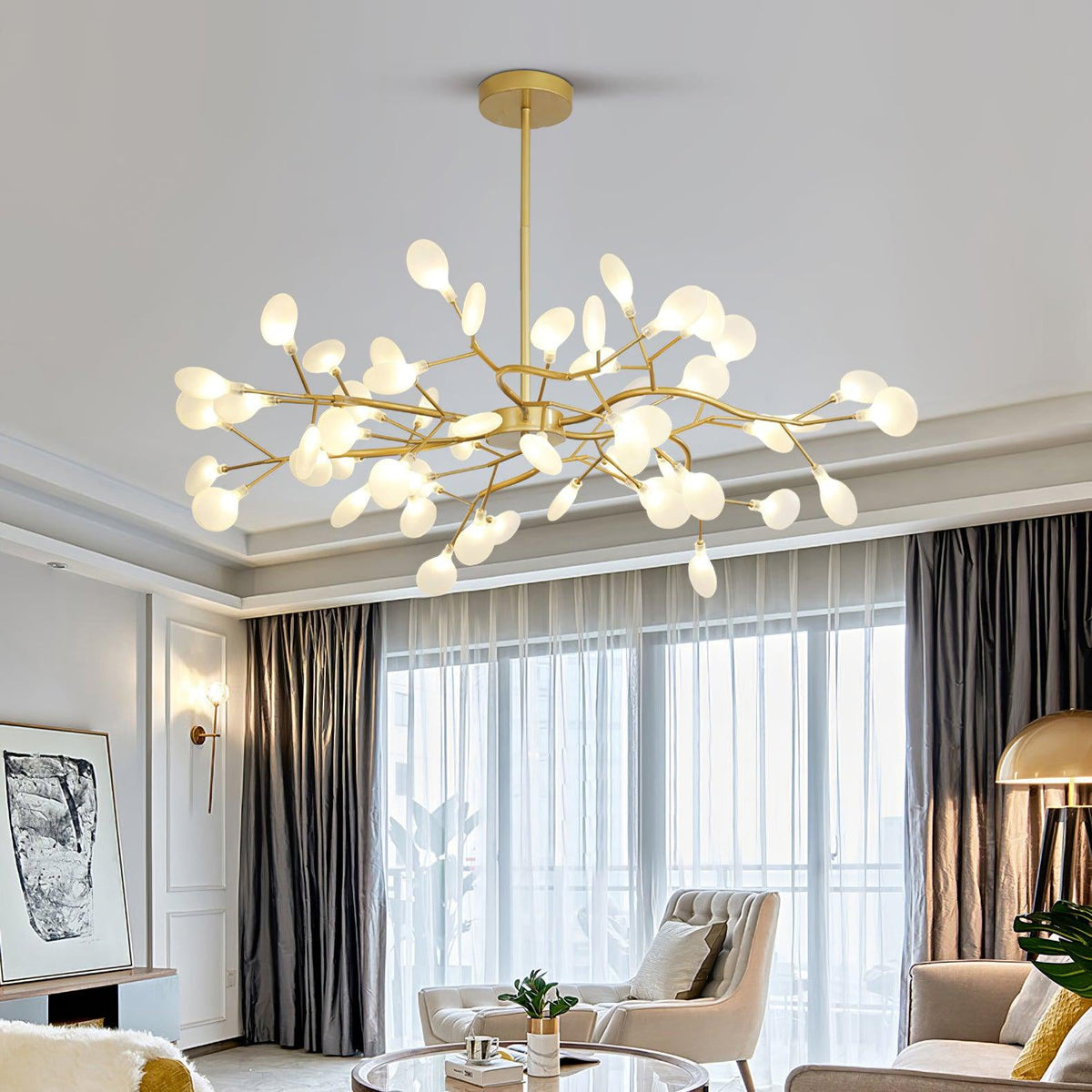 Acrylic Branch Chandelier with Adjustable LED Lights for Dining Room & Entryway - 30 to 63 Light Branches - Dimmable Gold or Black Metal Fin