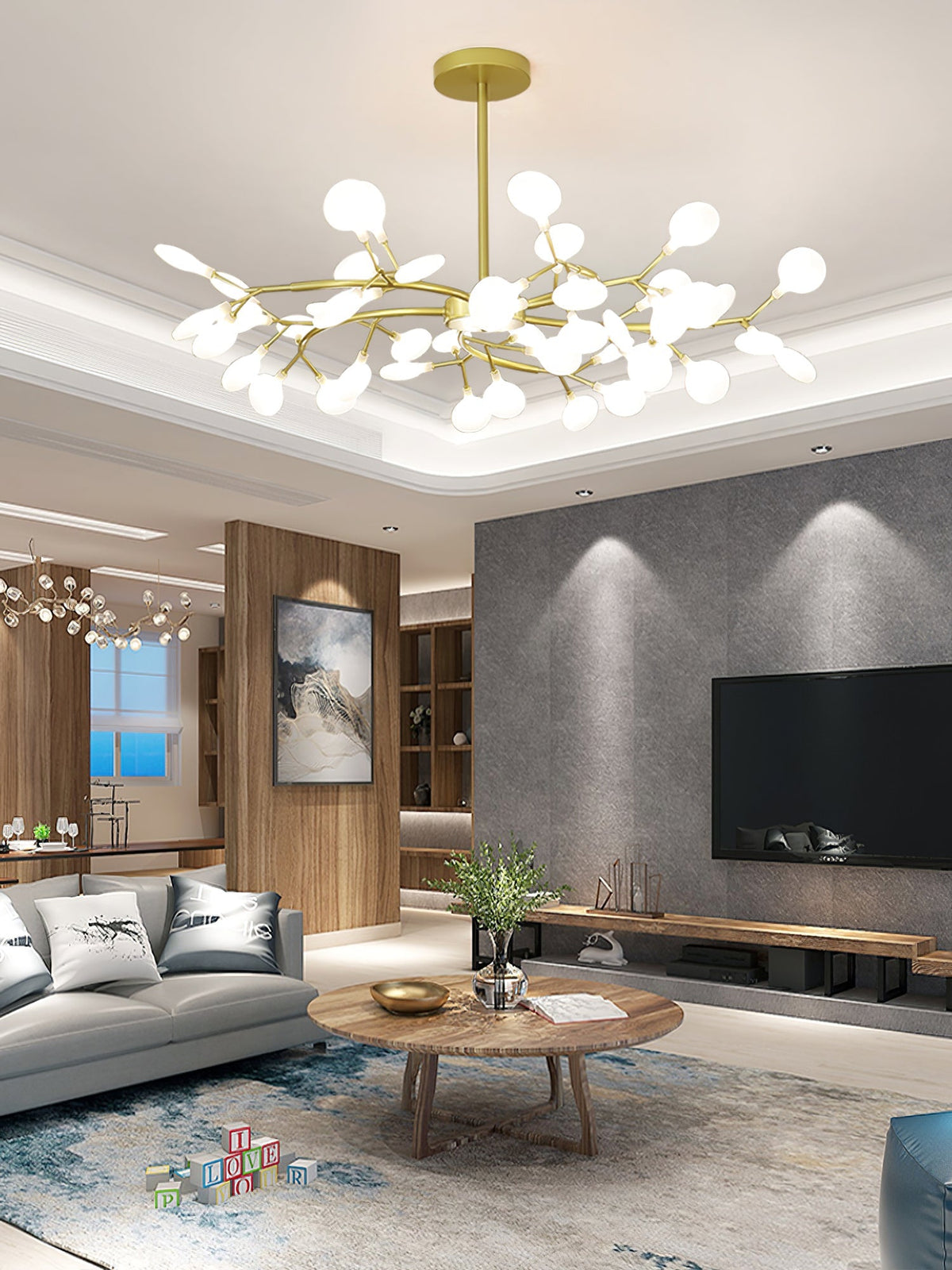 Acrylic Branch Chandelier with Adjustable LED Lights for Dining Room & Entryway - 30 to 63 Light Branches - Dimmable Gold or Black Metal Fin