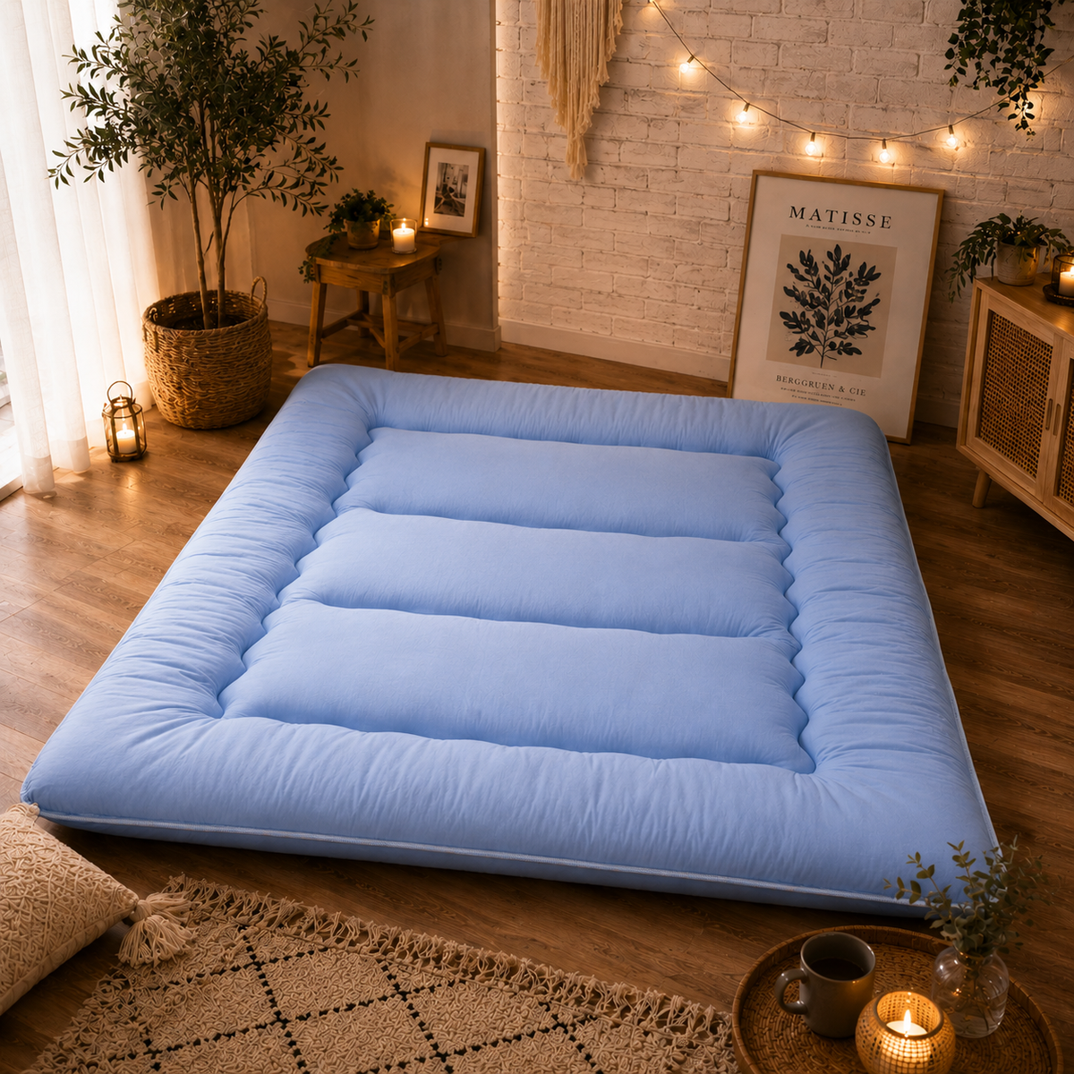 Japanese Floor Bed, 4 Inch Thick Futon Mattress, Foldable Tatami Sleeping Pad, Roll Up Floor Bed for Adults & Kids