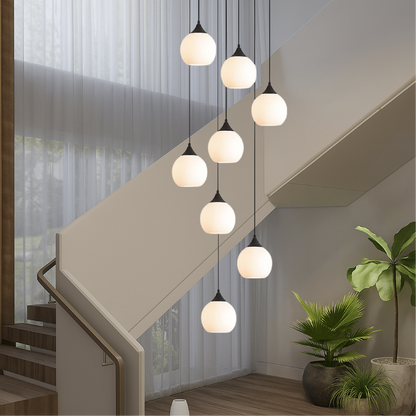 Multi-Drop Glass Globe Stairwell Fixture with Height-Adjustable Cable System for Vertical Spaces Black LED Illumination Mezzanine Entryway F