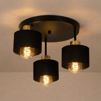 Three-Light Flush Mount Fixture Steel 12-Inch Black Gold Ceiling Lamp E27 for Dining Room Bedroom Hallway Modern Industrial Home Lighting
