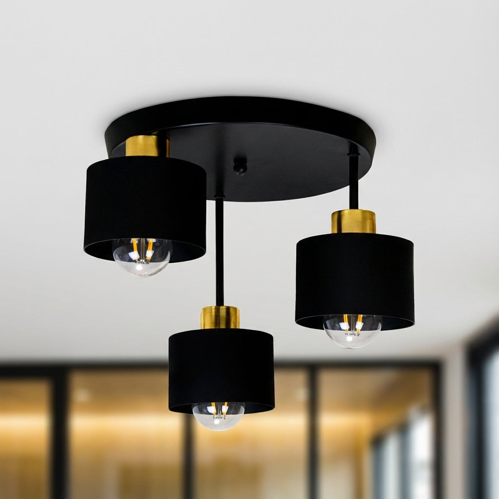Three-Light Flush Mount Fixture Steel 12-Inch Black Gold Ceiling Lamp E27 for Dining Room Bedroom Hallway Modern Industrial Home Lighting
