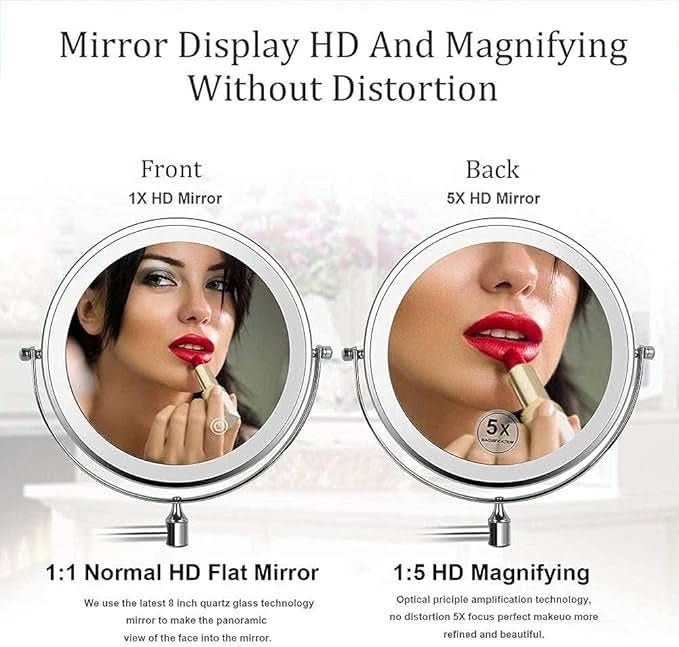Illuminated Magnifying Vanity Mirror 8-Inch Round Wall-Mount Rechargeable USB Touch-Dimming Cosmetic Grooming Mirror for Bathroom Makeup Ski