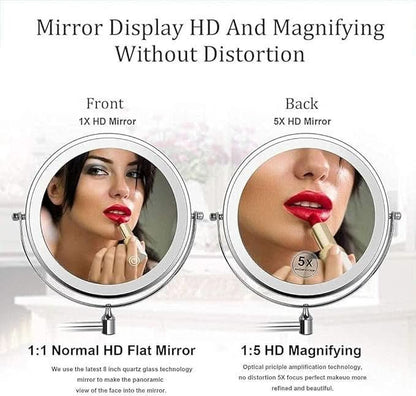 Illuminated Magnifying Vanity Mirror 8-Inch Round Wall-Mount Rechargeable USB Touch-Dimming Cosmetic Grooming Mirror for Bathroom Makeup Ski
