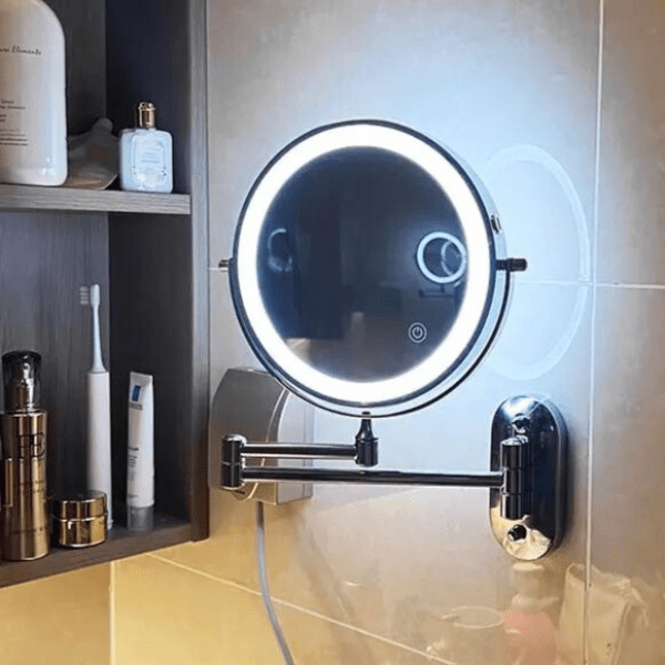 Illuminated Magnifying Vanity Mirror 8-Inch Round Wall-Mount Rechargeable USB Touch-Dimming Cosmetic Grooming Mirror for Bathroom Makeup Ski