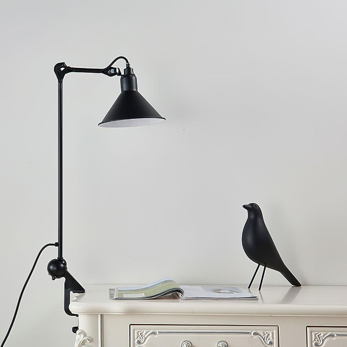 Clamp-On Task Light with Pivoting Arm Iron Construction Metal Shade Reading Light for Home Office Study Workspace Bedside Black Finish