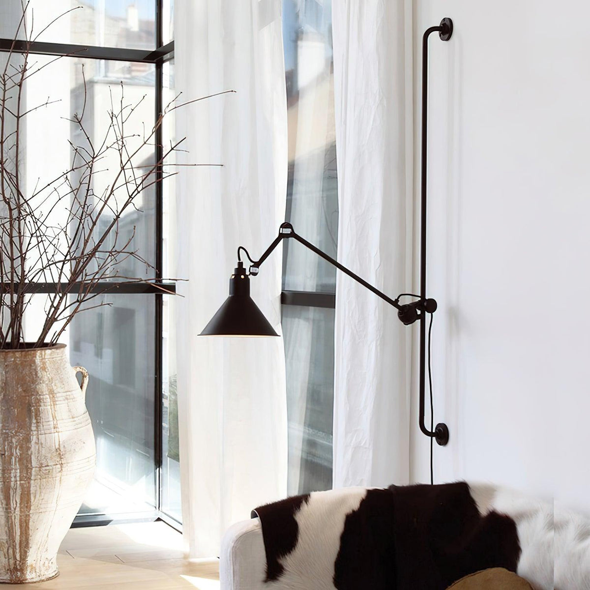 Articulating Swing Arm Sconce Matte Black 46.5 Inch Reach Bedside Reading Light for Bedroom Office Hallway Adjustable Wall-Mounted Task Lamp
