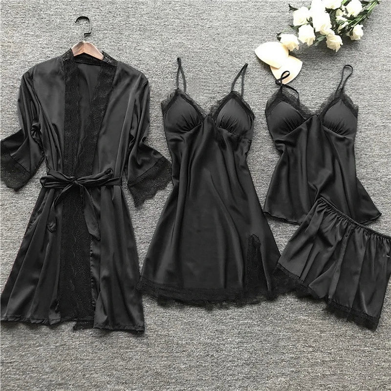 Women's Satin Pajama Set 4-Piece Robe Cami Shorts & Pants with Lace Trim for Bedroom Loungewear Sleepwear Nightwear Gift