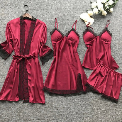 Women's Satin Pajama Set 4-Piece Robe Cami Shorts & Pants with Lace Trim for Bedroom Loungewear Sleepwear Nightwear Gift