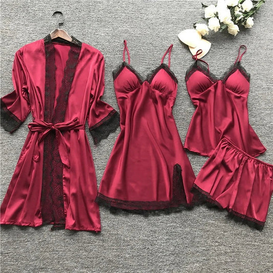 Women's Satin Pajama Set 4-Piece Robe Cami Shorts & Pants with Lace Trim for Bedroom Loungewear Sleepwear Nightwear Gift