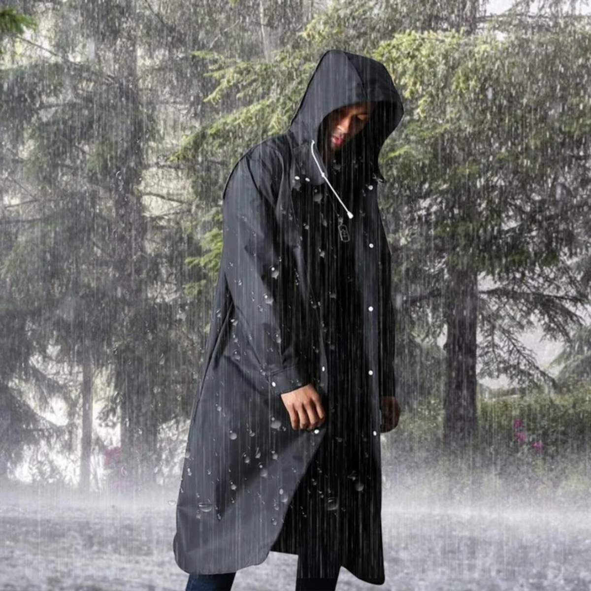 Men's Full-Length Hooded Rain Jacket – Waterproof Breathable Overcoat for Wet Weather