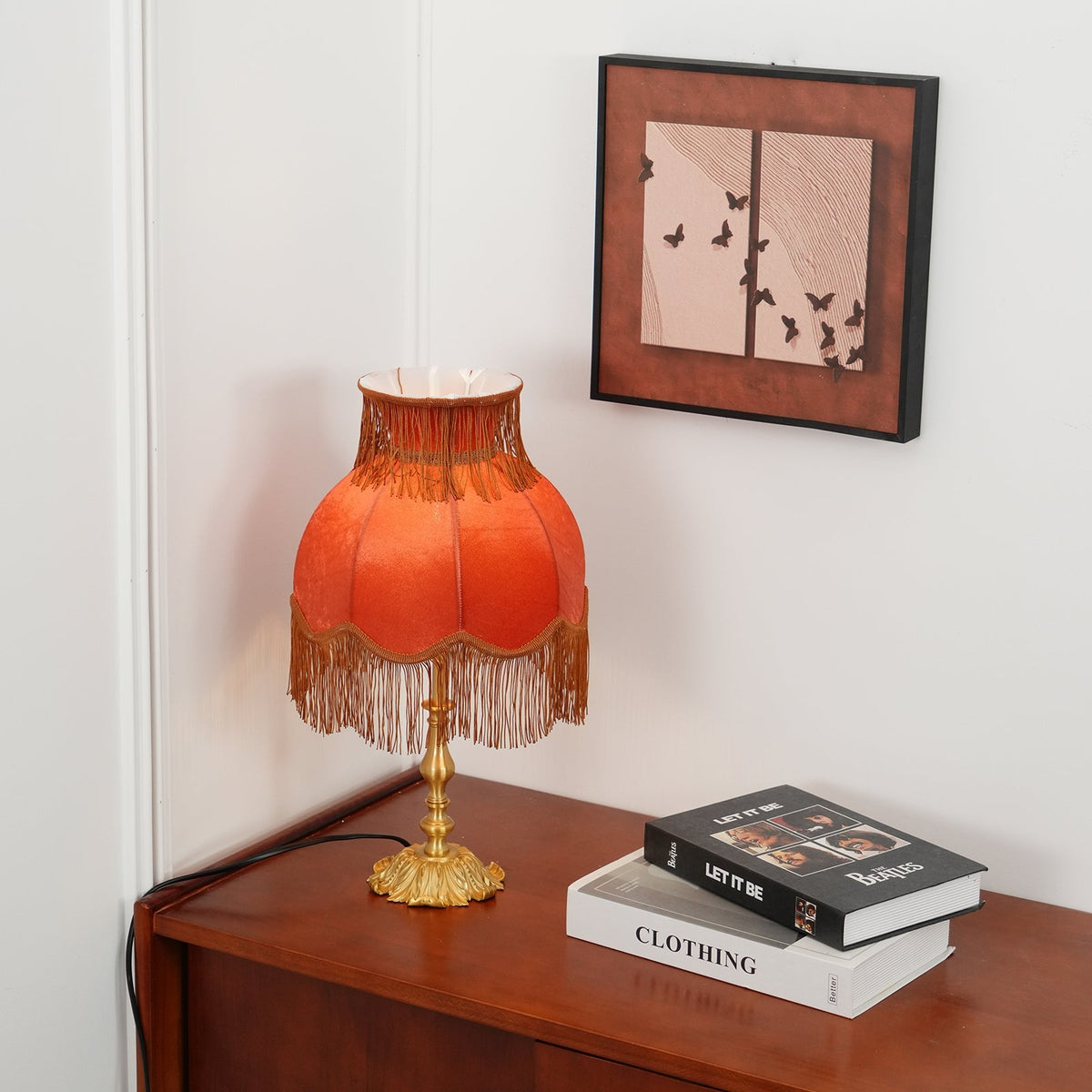 Bedside Lamp with Red Fabric Shade & Brass Base – Warm Ambient Light for Nightstand, Desk & Living Room – E26 Socket – 9.4 in Diameter