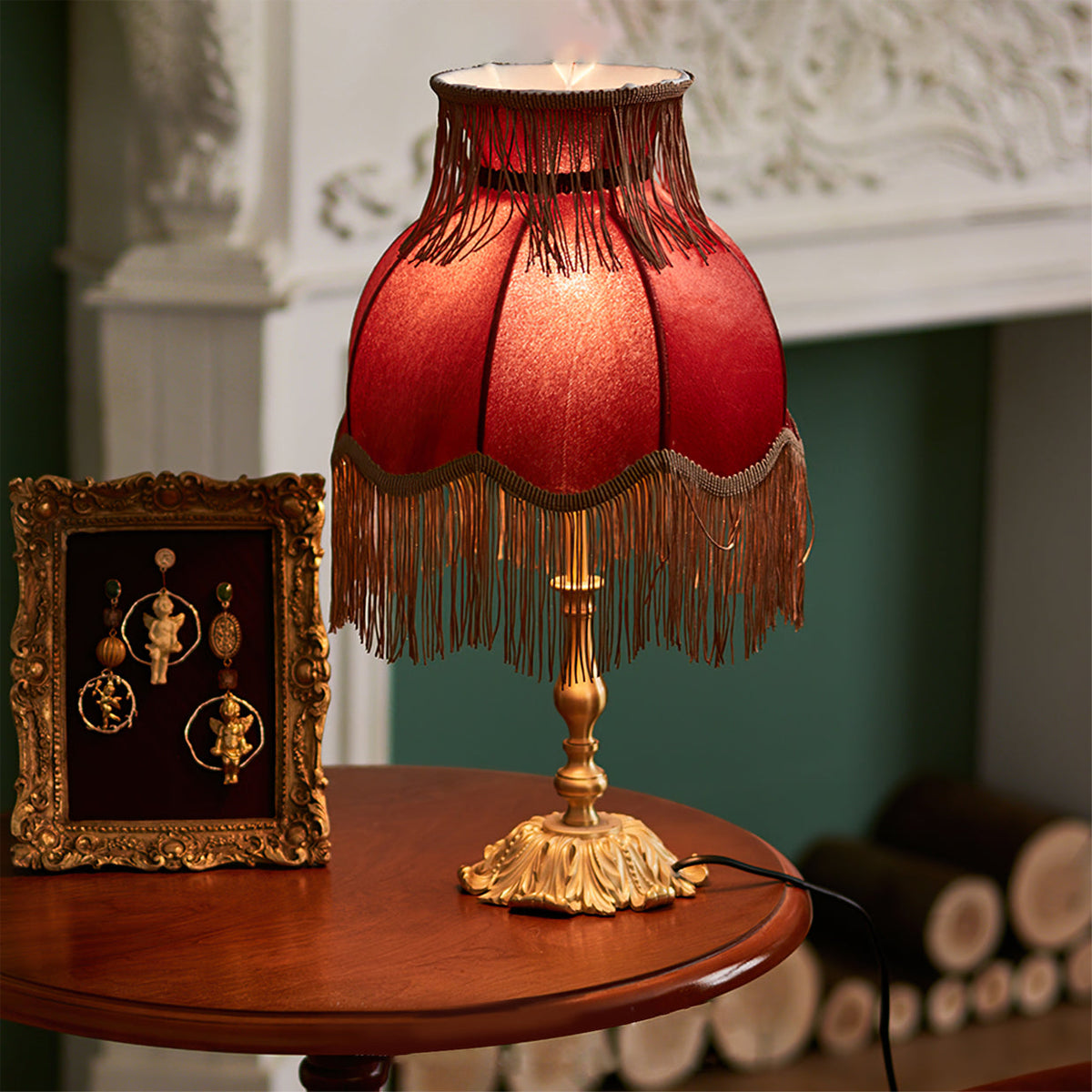 Bedside Lamp with Red Fabric Shade & Brass Base – Warm Ambient Light for Nightstand, Desk & Living Room – E26 Socket – 9.4 in Diameter
