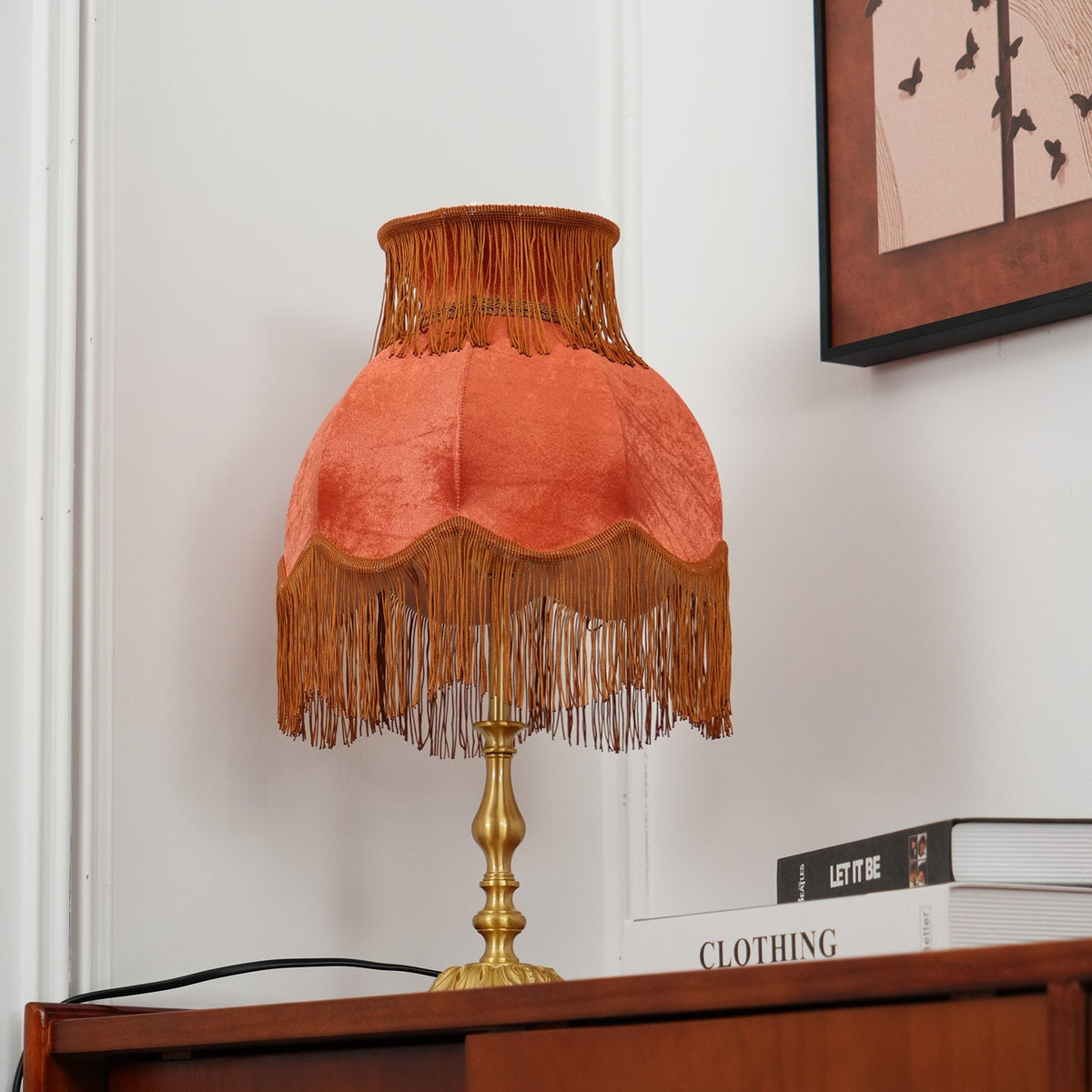 Bedside Lamp with Red Fabric Shade & Brass Base – Warm Ambient Light for Nightstand, Desk & Living Room – E26 Socket – 9.4 in Diameter