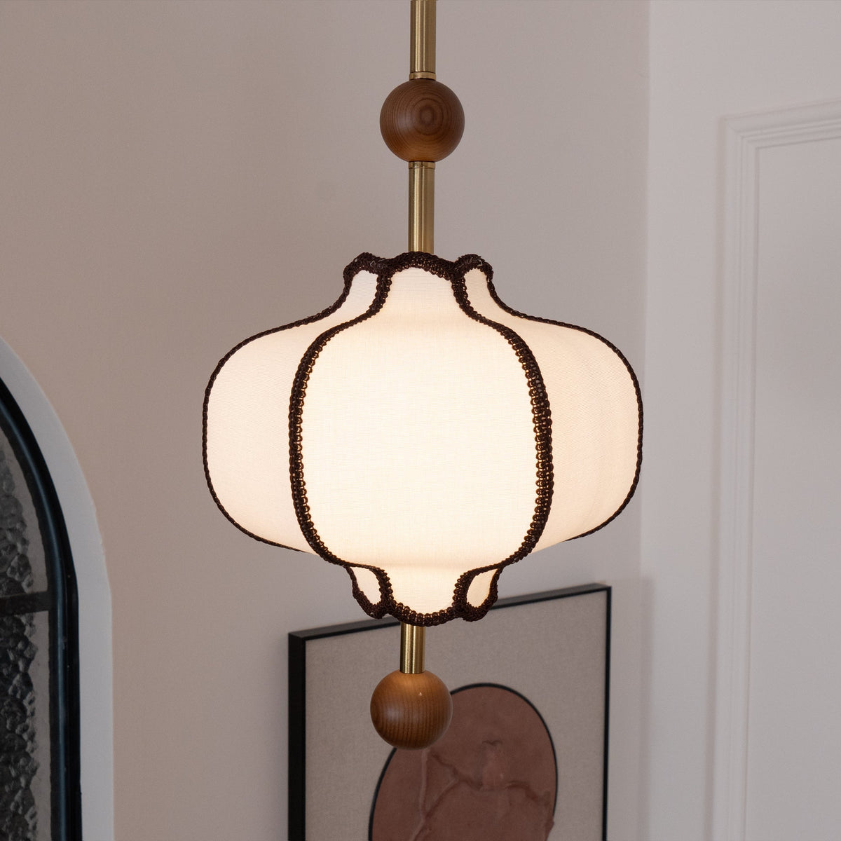 Multi-Bulb Hanging Ceiling Lantern in Wood & Fabric for Dining Room, Living Room & Entryway | Classic Drum Shade Chandelier with Adjustable