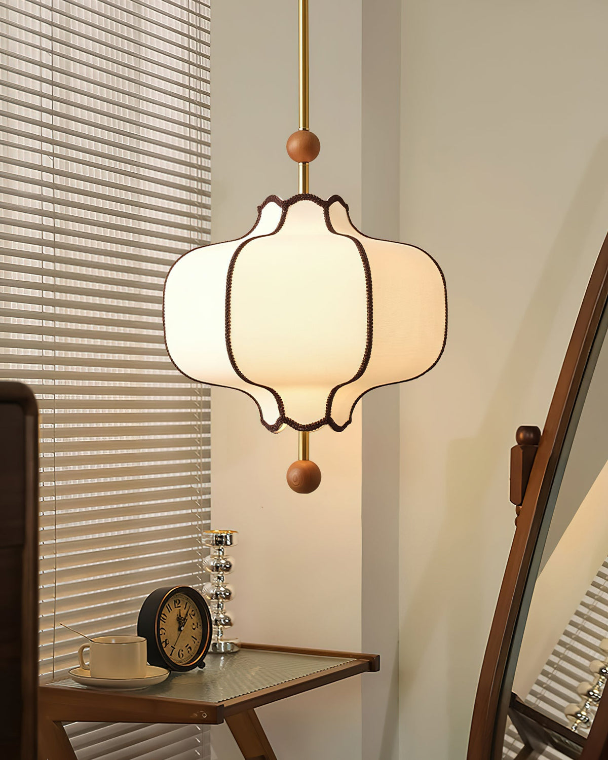 Multi-Bulb Hanging Ceiling Lantern in Wood & Fabric for Dining Room, Living Room & Entryway | Classic Drum Shade Chandelier with Adjustable