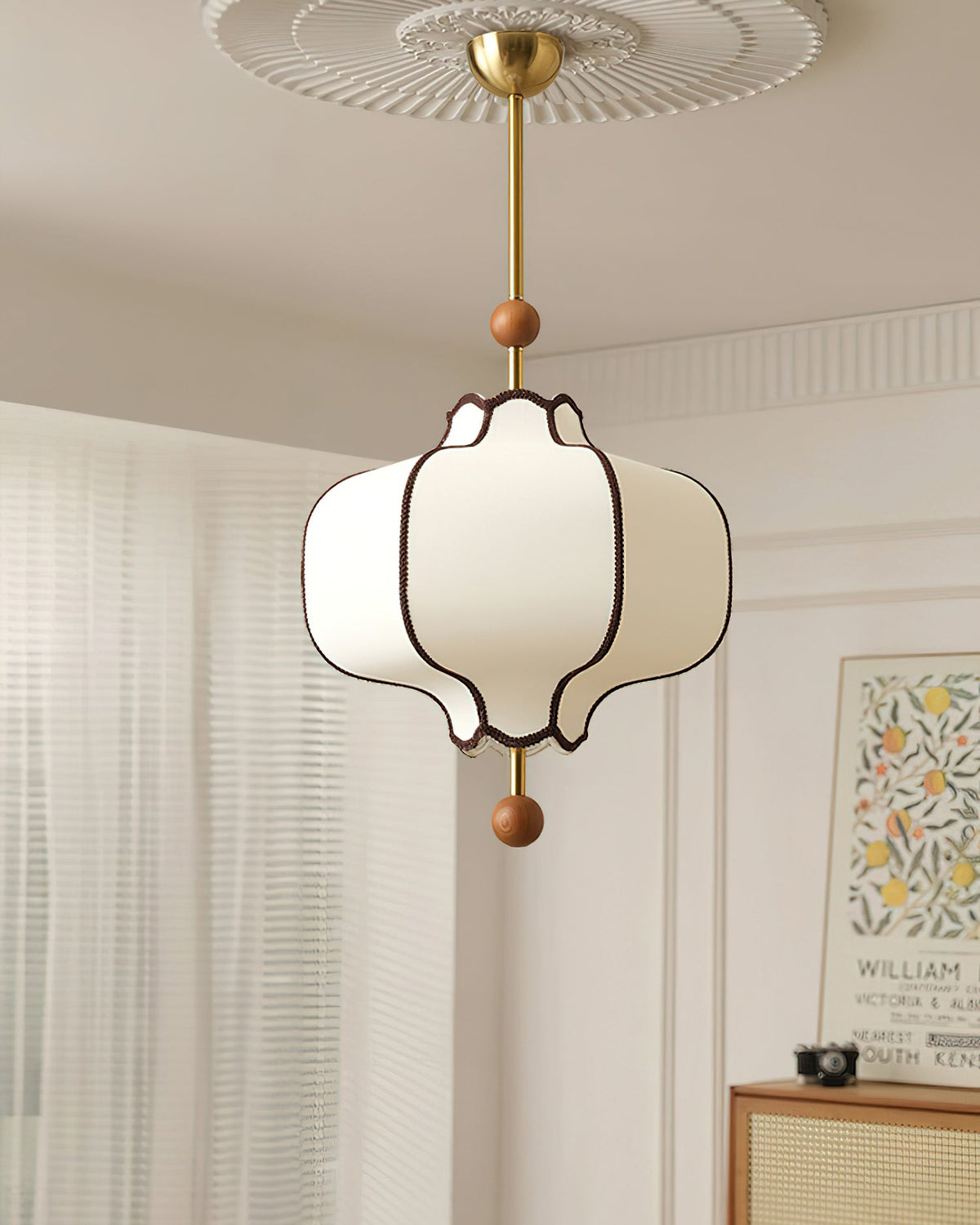 Multi-Bulb Hanging Ceiling Lantern in Wood & Fabric for Dining Room, Living Room & Entryway | Classic Drum Shade Chandelier with Adjustable