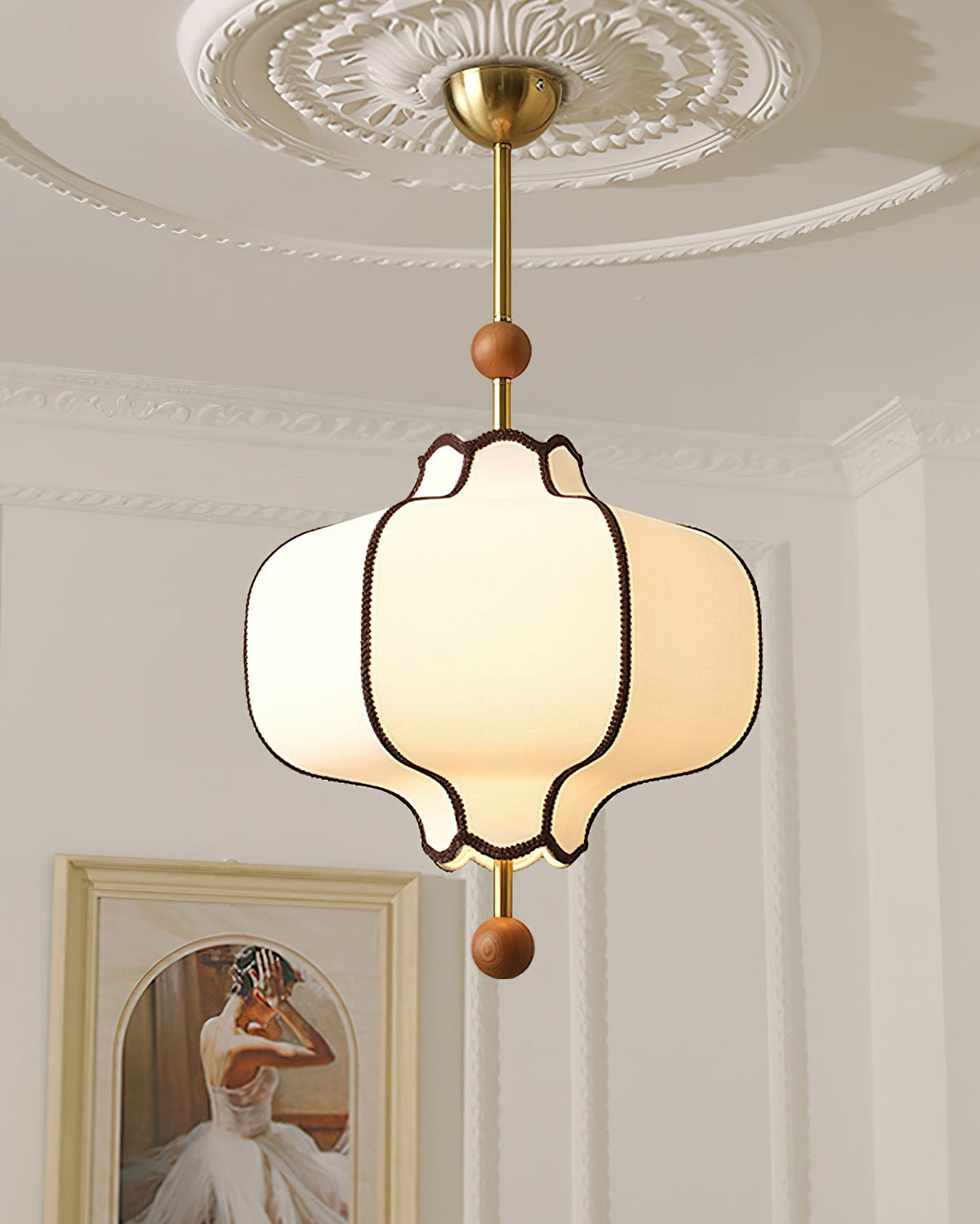 Multi-Bulb Hanging Ceiling Lantern in Wood & Fabric for Dining Room, Living Room & Entryway | Classic Drum Shade Chandelier with Adjustable