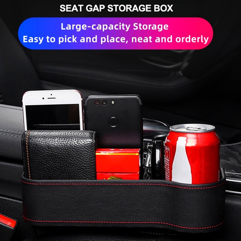 Car Console Organizer with Cup Holder, Car Seat Gap Filler with Coin Box and Storage, Leather Car Seat Organizer