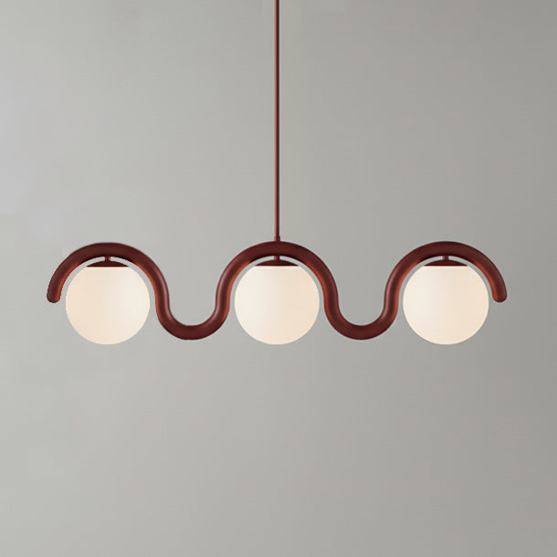 Modern Linear Chandelier with Curved Metal Frame & Glass Sphere – Art Nouveau Pendant Light for Dining Room