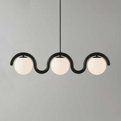 Modern Linear Chandelier with Curved Metal Frame & Glass Sphere – Art Nouveau Pendant Light for Dining Room