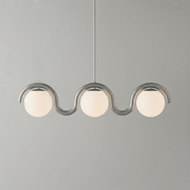 Modern Linear Chandelier with Curved Metal Frame & Glass Sphere – Art Nouveau Pendant Light for Dining Room